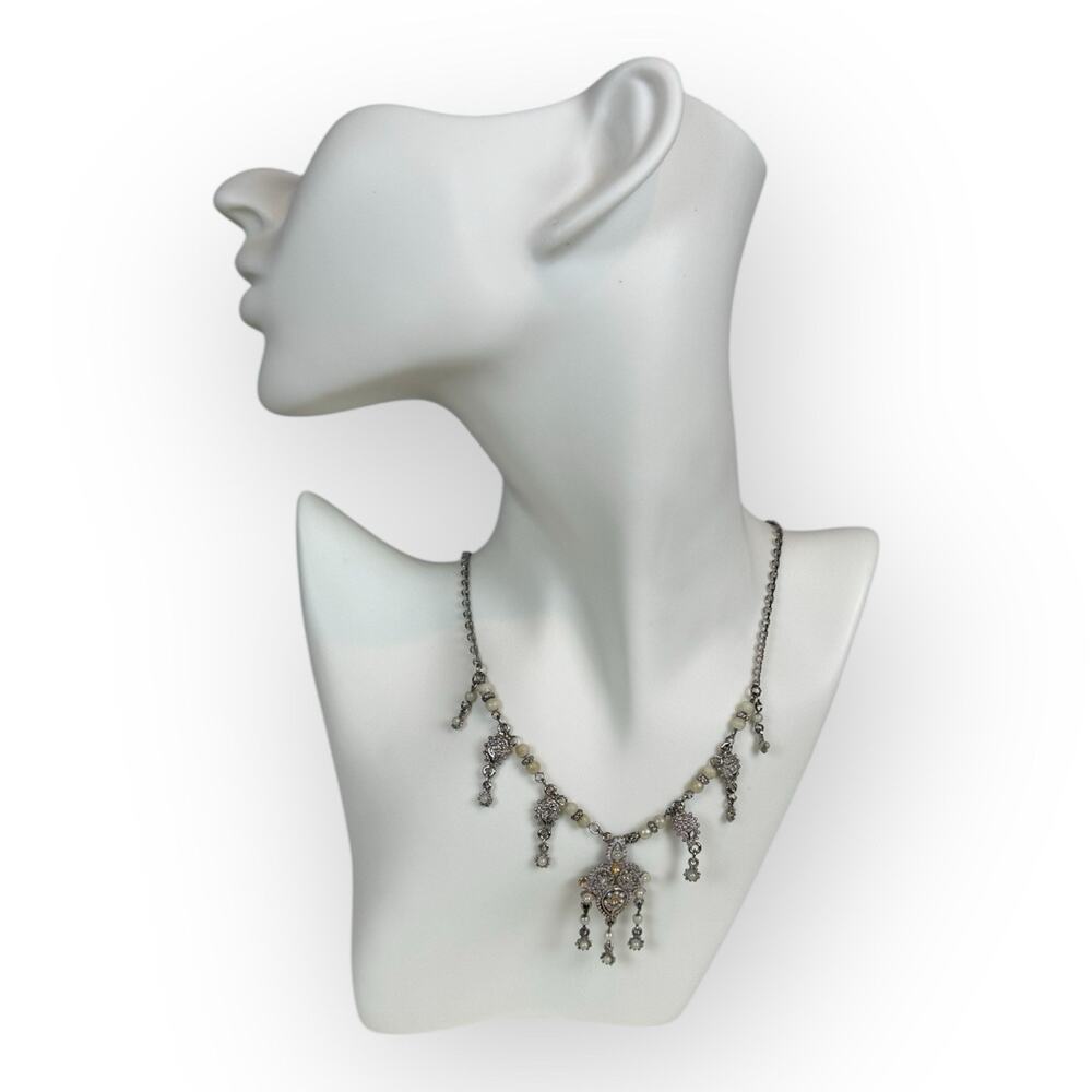 Dark Academia Regency Vintage 925 Sterling Silver‎ Filigree Dangle Bib Necklace - Picture 5 of 7
